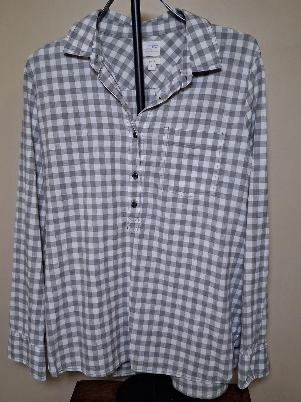J Crew Women's Boy Fit Gray White Checkered Tunic Top; Size M